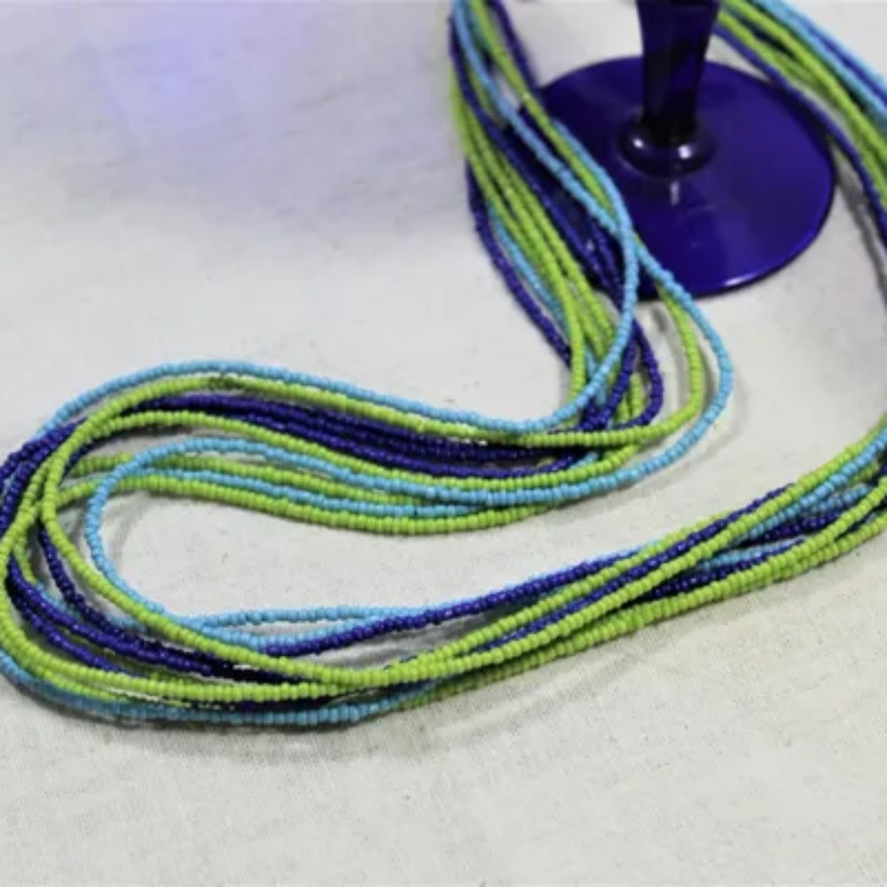 Vintage Multi-Strand Seed Bead Necklace in Turquoise, Green, and Blue